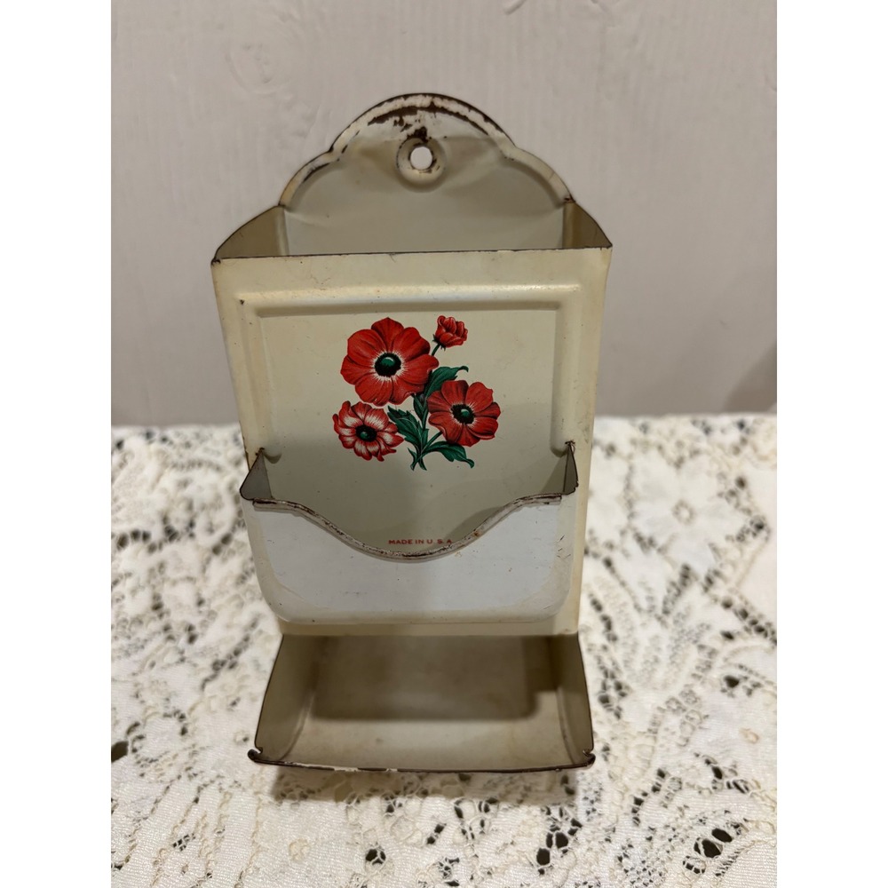 Vintage Metal Wall Mount Match Holder Red Poppy Floral Tin Dispenser USA Made